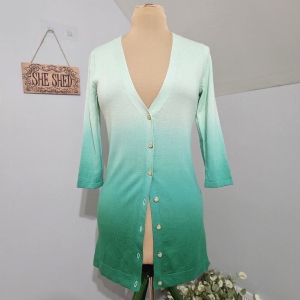 Green Ombre Button Front Long Sleeve 100% Long Knit‎ V Neck Cardigan Sweater XXS